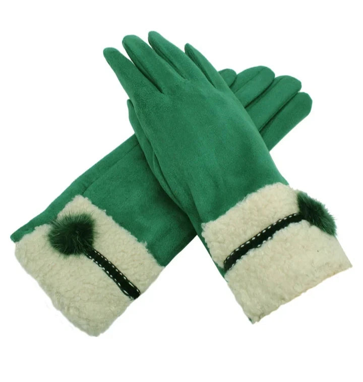 Women's Fleece Lined Cosy Winter Warm Gloves Ladies Faux Fur Cuffs Pom Pom Glove