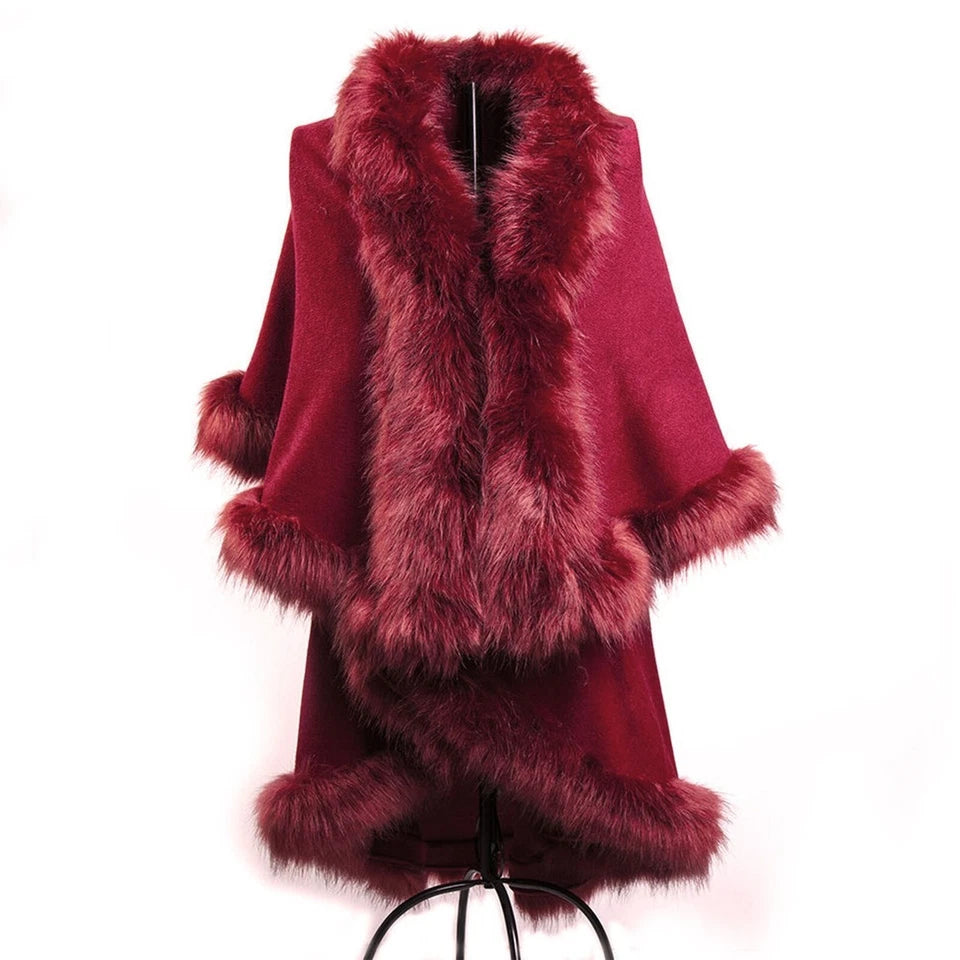 Womens Soft Double Layer Poncho Fleece Faux Fur Collar & Cuffs Ladies Cape Shawl Wrap UK