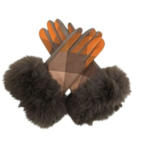Women's Luxury Winter Warm Gloves Check Tartan Faux Fur Trim Gloves Fleece Lined