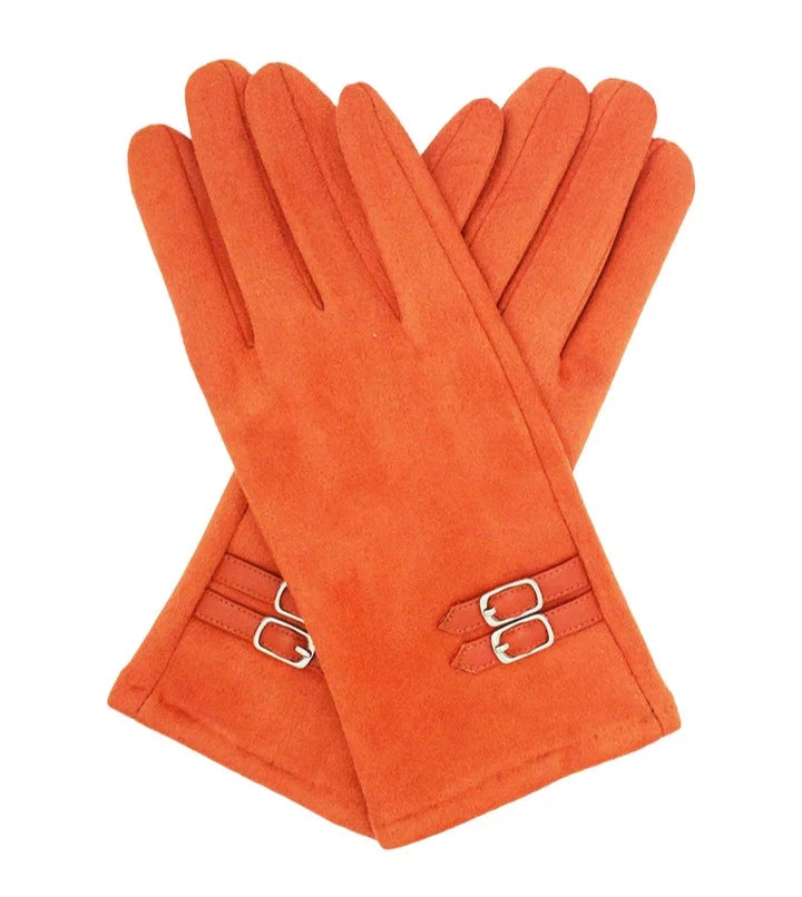 Women's Suede Look Winter Gloves Buckle Accent Fleece Thermal Lining Warm Gloves