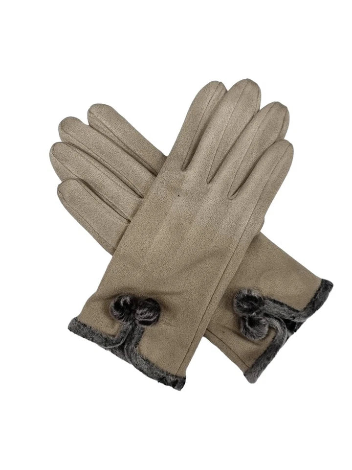 Women's Winter Fashion Gloves Fleece Faux Suede Gloves Warm Thermal Soft Lined Fur Pom Pom Gloves