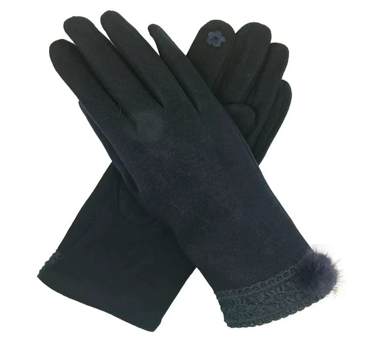 Women Fashion Gloves Soft Fleece Lined Fur Pom Pom & Lace Trim Touchscreen Glove