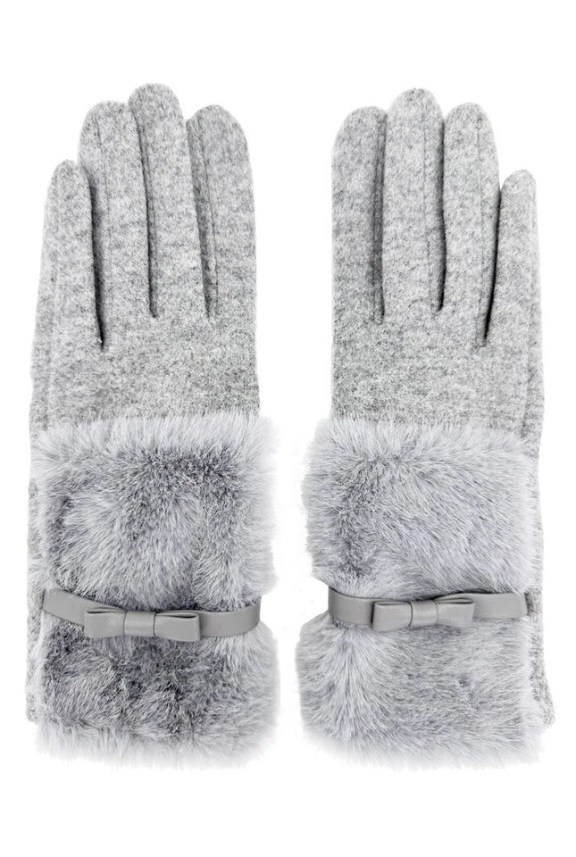 Women Soft Fuzzy Plain Gloves Faux Fur Cuffs with Ribbon Bow Touch Screen Ladies Fashion Gloves