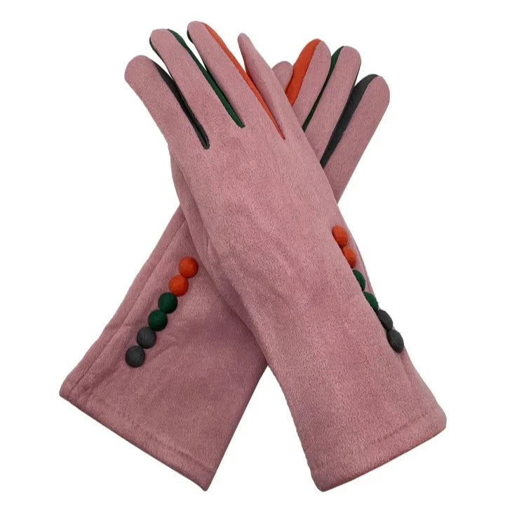 Women Fleece Cosy Gloves Touch Screen Ladies Buttons Pattern Winter Warm Gloves