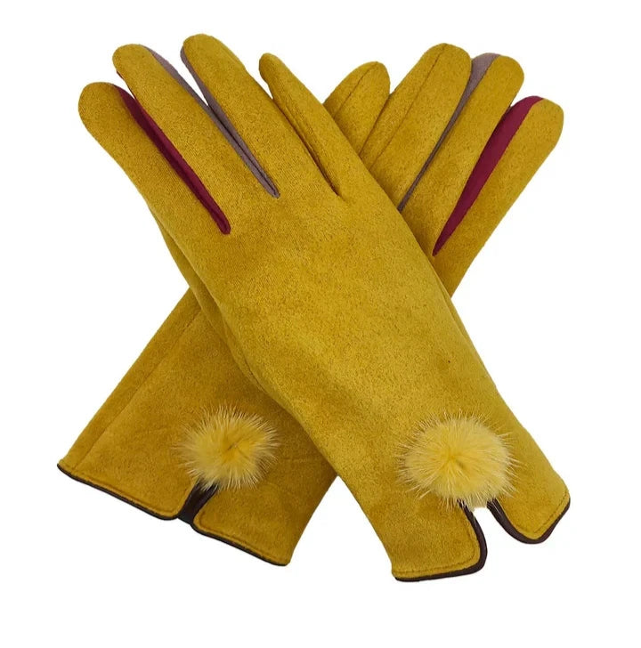Women Pom Pom Gloves Winter Thermal Warm Fleece Touch Screen Fashion Gloves