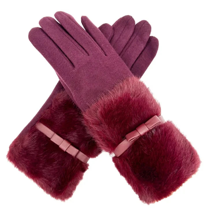 Women Soft Fuzzy Plain Gloves Faux Fur Cuffs with Ribbon Bow Touch Screen Ladies Fashion Gloves