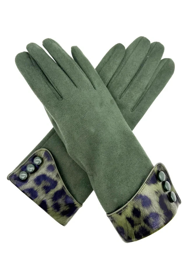 Women Plain Solid Coloured Cosy Gloves Warm Fashion Gloves Leopard Print Cuff & Buttons Touch Screen Gloves