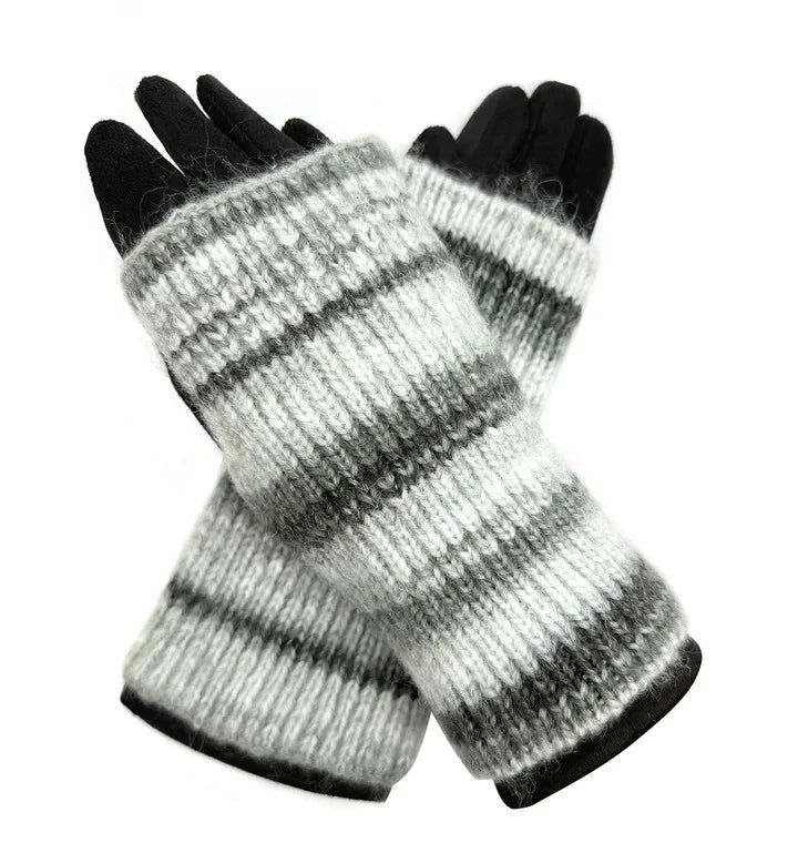 Women Fleece Cosy Gloves 2 in 1 Winter Warm Soft Fingerless Knitted Cuff Gloves