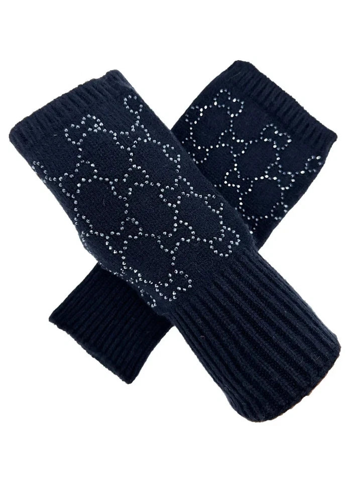 Women's Soft Fingerless Knitted Gloves Cosy Arm Warm Winter Ladies Fashion Gloves Sequined Interlocking Pattern