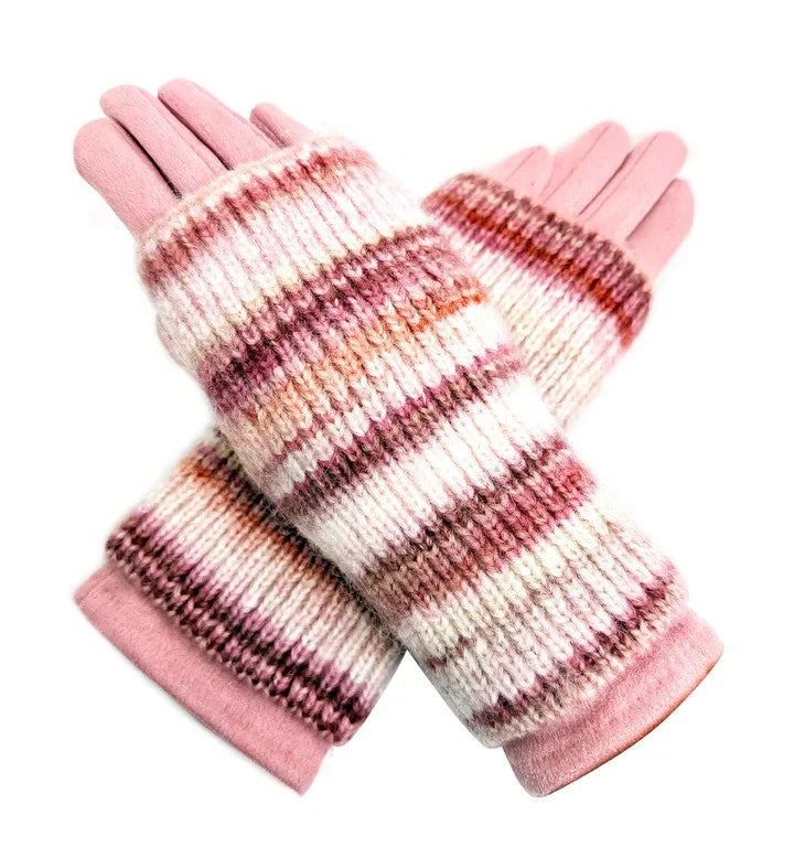 Women Fleece Cosy Gloves 2 in 1 Winter Warm Soft Fingerless Knitted Cuff Gloves