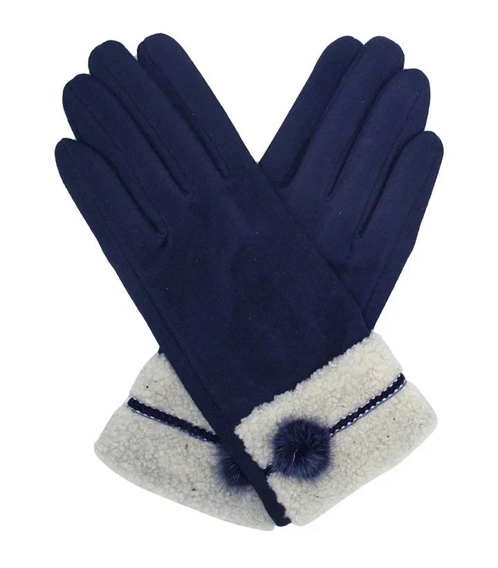 Women's Fleece Lined Cosy Winter Warm Gloves Ladies Faux Fur Cuffs Pom Pom Glove