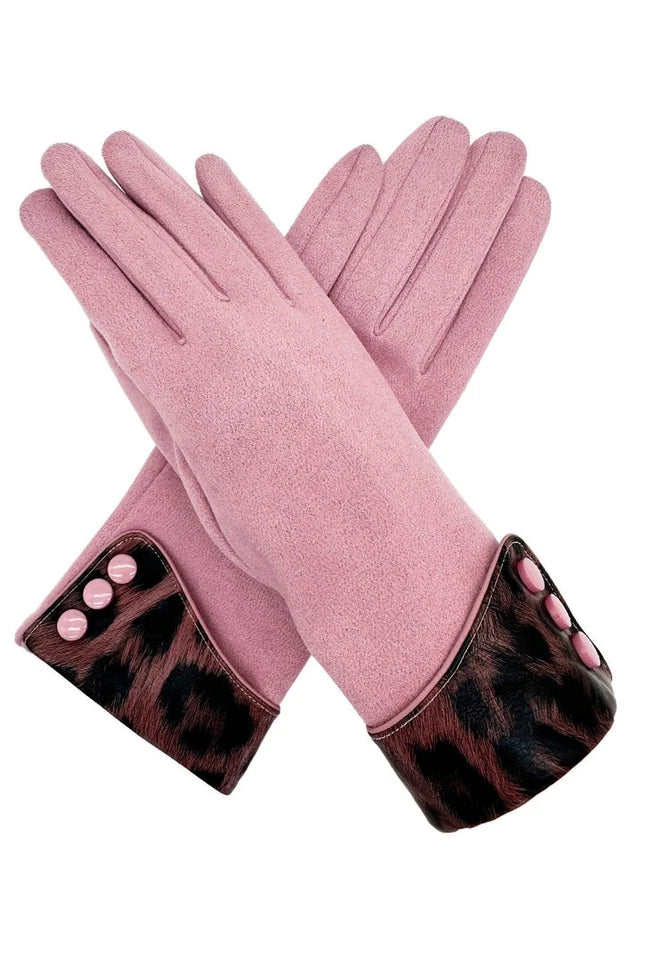 Women Plain Solid Coloured Cosy Gloves Warm Fashion Gloves Leopard Print Cuff & Buttons Touch Screen Gloves