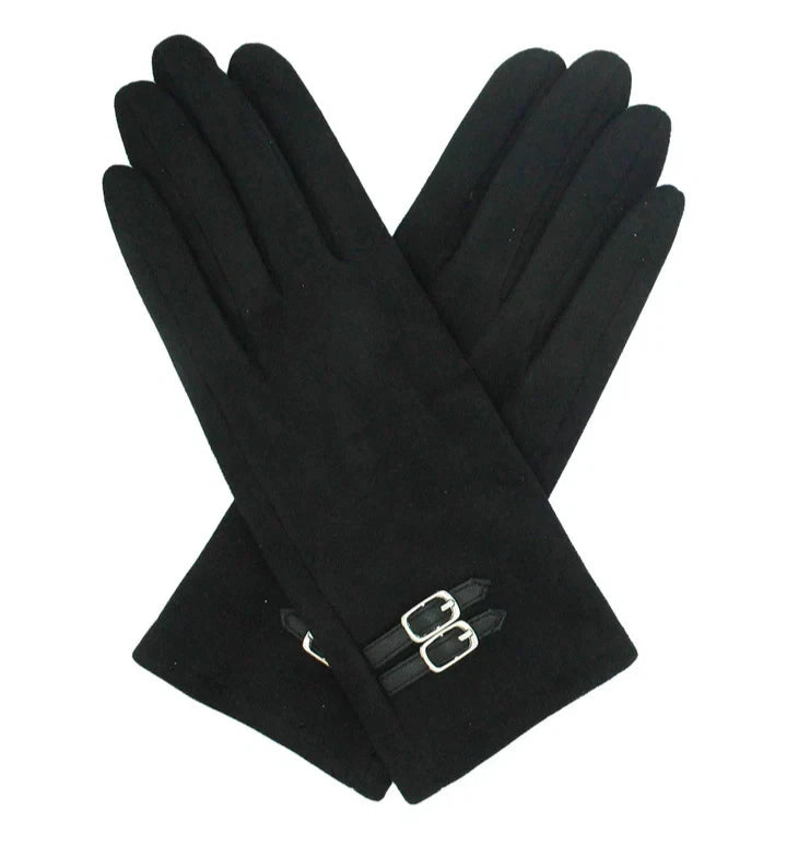 Women's Suede Look Winter Gloves Buckle Accent Fleece Thermal Lining Warm Gloves