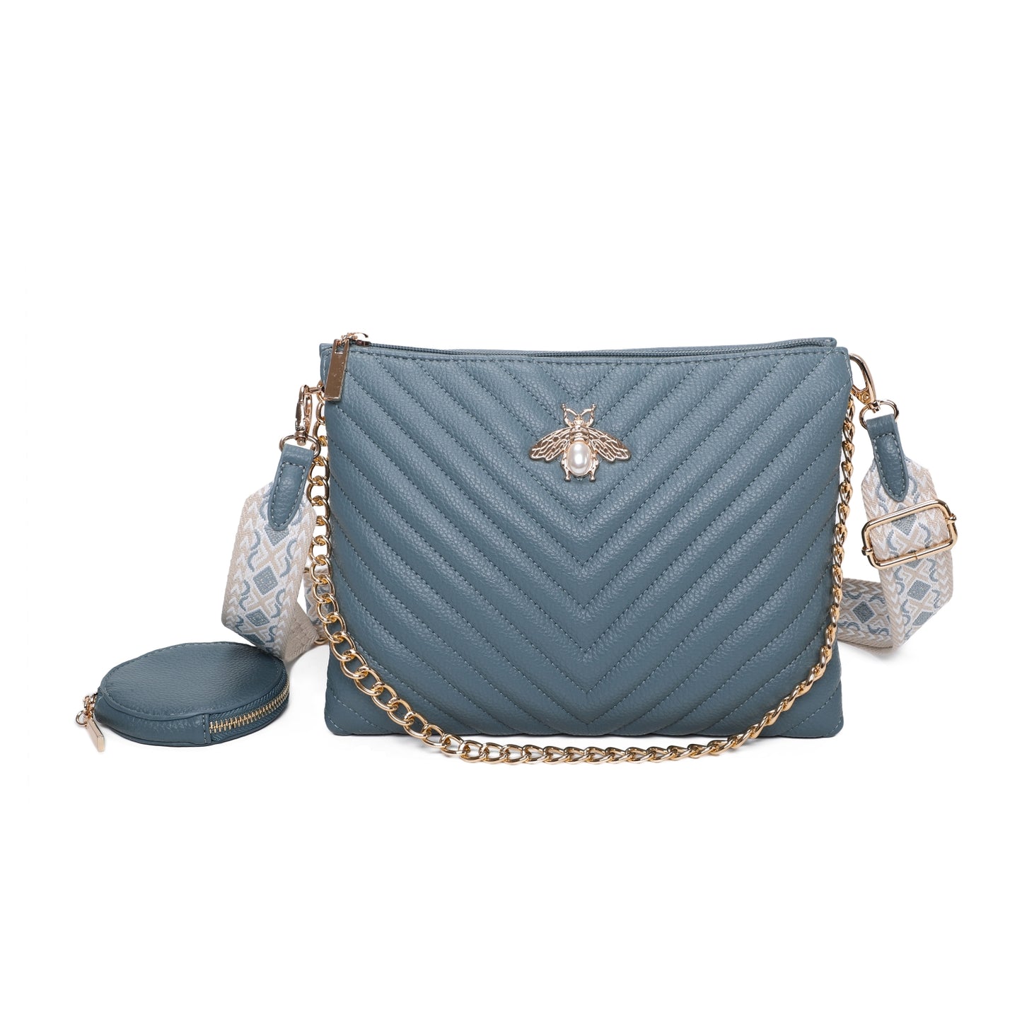Women's Quilted Gold Bee Crossbody Bag Faux Leather Shoulder Handbags with Coin Purse