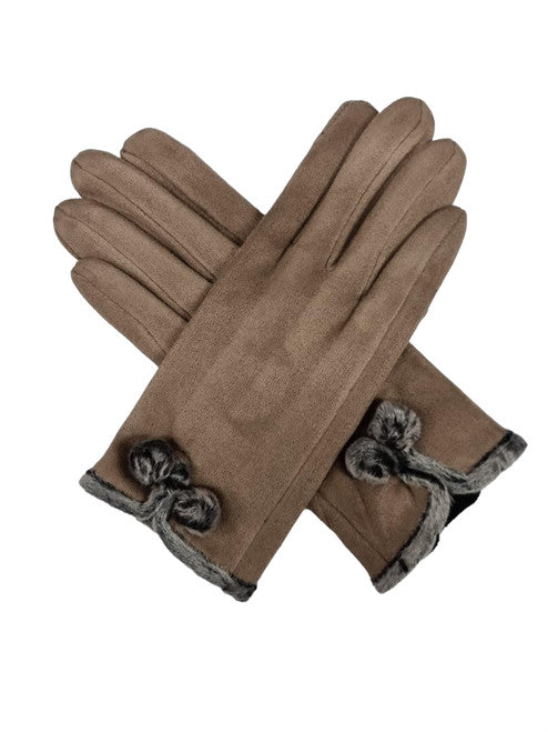 Women's Winter Fashion Gloves Fleece Faux Suede Gloves Warm Thermal Soft Lined Fur Pom Pom Gloves