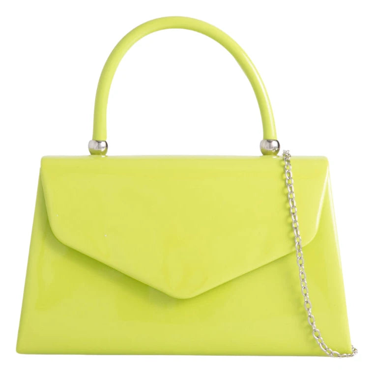 Women's Patent Clutch Bag Top Handle Evening Wedding Party Box Handbag - NEON LIME