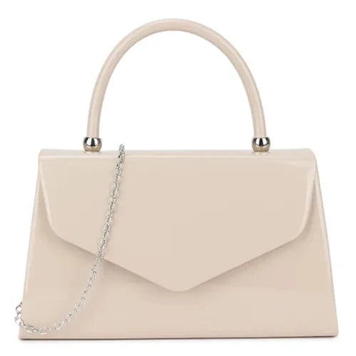 Women's Patent Clutch Bag Top Handle Evening Wedding Party Box Handbag UK  - PALE NUDE