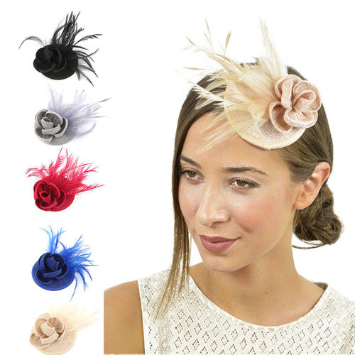 Sinamay Flower Hair Clip Feather Small Top Hat Clip On Fascinator Wedding Race Party