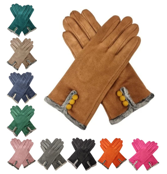 Women's Winter Gloves Faux Fur Suede Warm Fleece Soft Lined Buttons Fashion Gloves