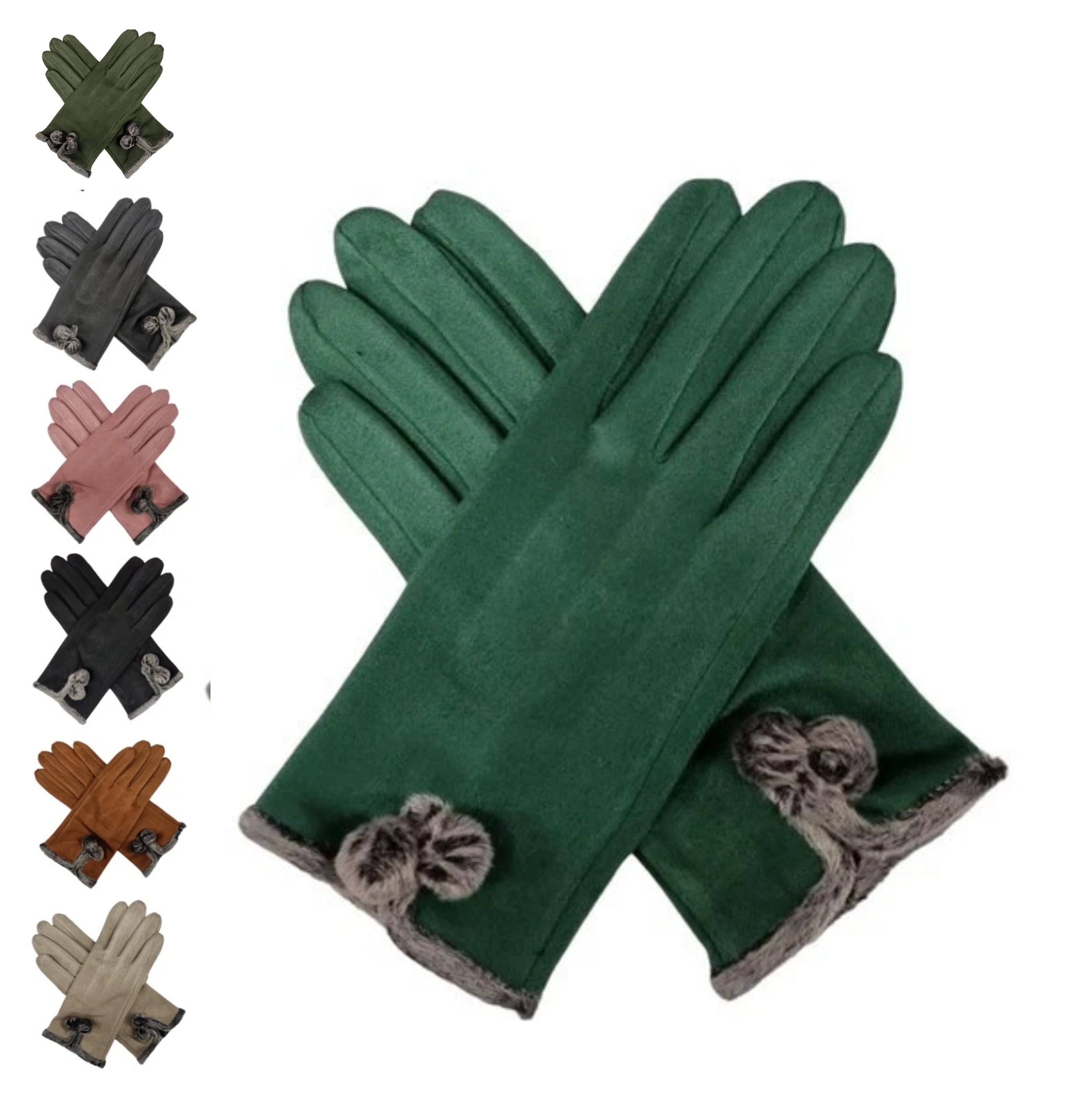 Women's Winter Fashion Gloves Fleece Faux Suede Gloves Warm Thermal Soft Lined Fur Pom Pom Gloves