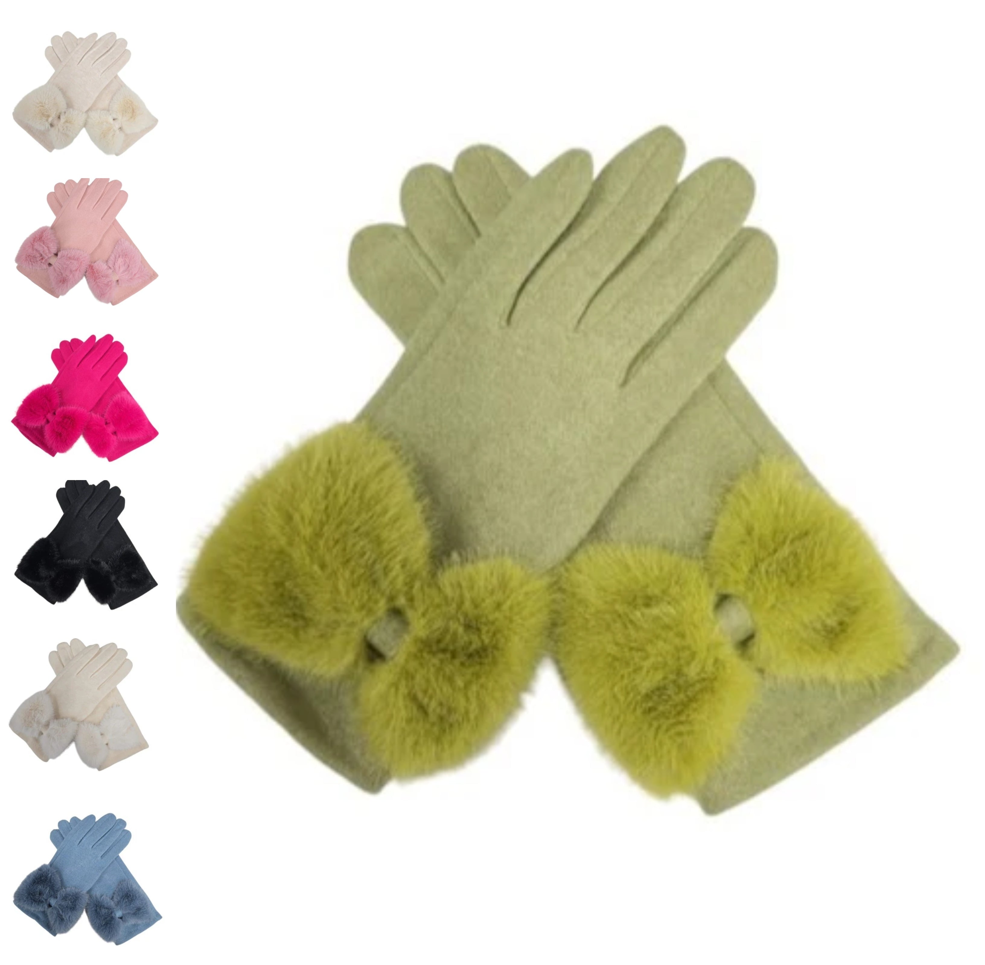 Women's Plain Winter Gloves Faux Fur Cuffs Bow Soft Comfy Lined Touch Screen Gloves