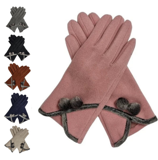 Women's Fashion Gloves Suede Fur Pom Pom Ladies Gloves Thermal Winter Warm Soft Fleece