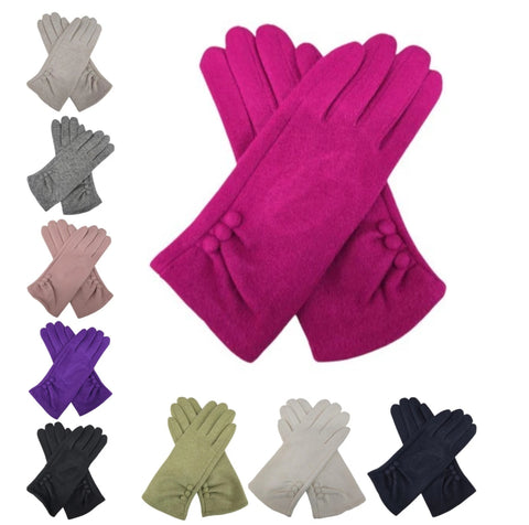 Women Plain Gloves Soft Comfy Lined Cosy Warm Winter Gloves Buttons Touch Screen