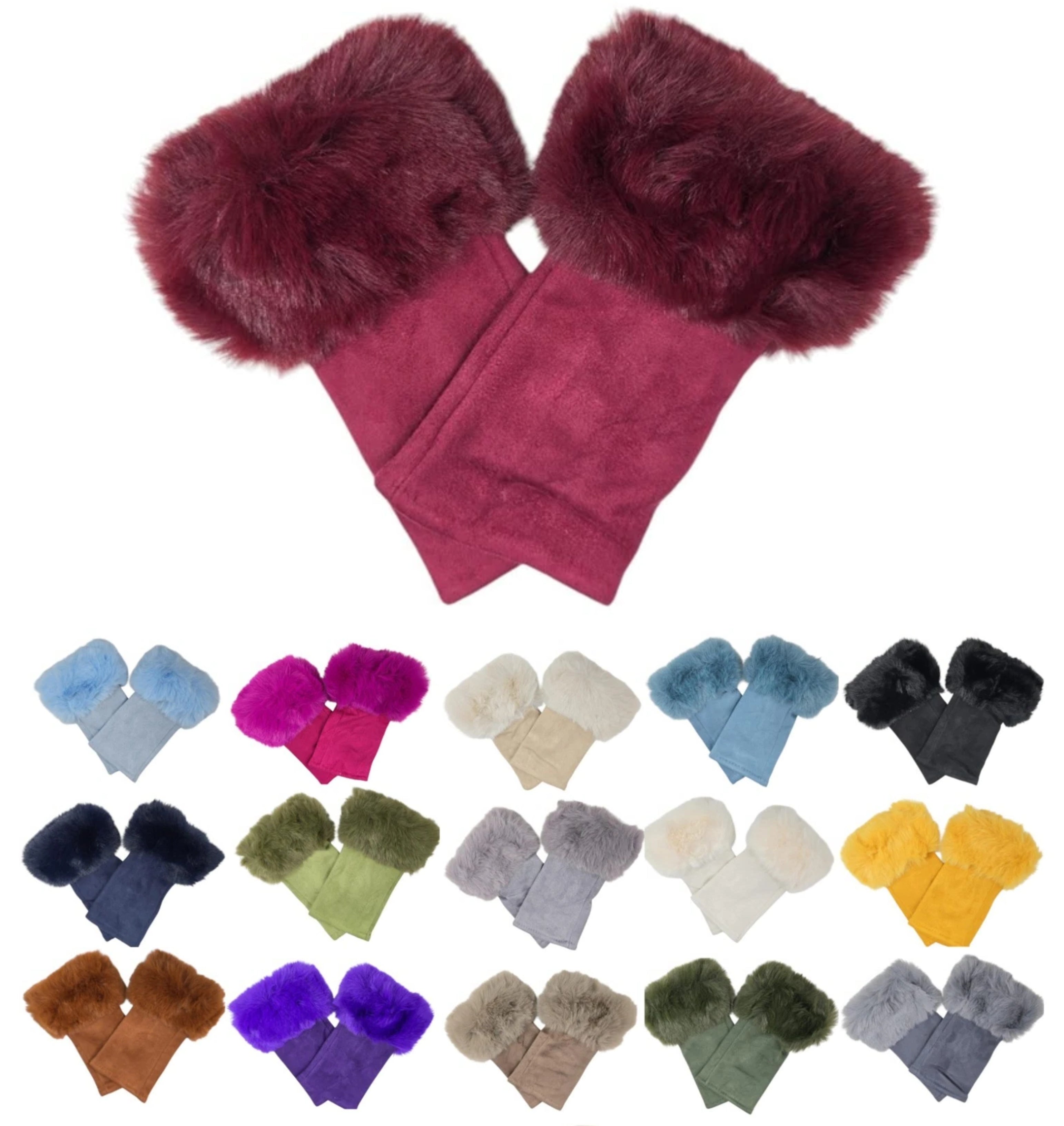 Women's Faux Suede Fingerless Gloves Fur Soft Warm Fleece Lined Mittens Gloves
