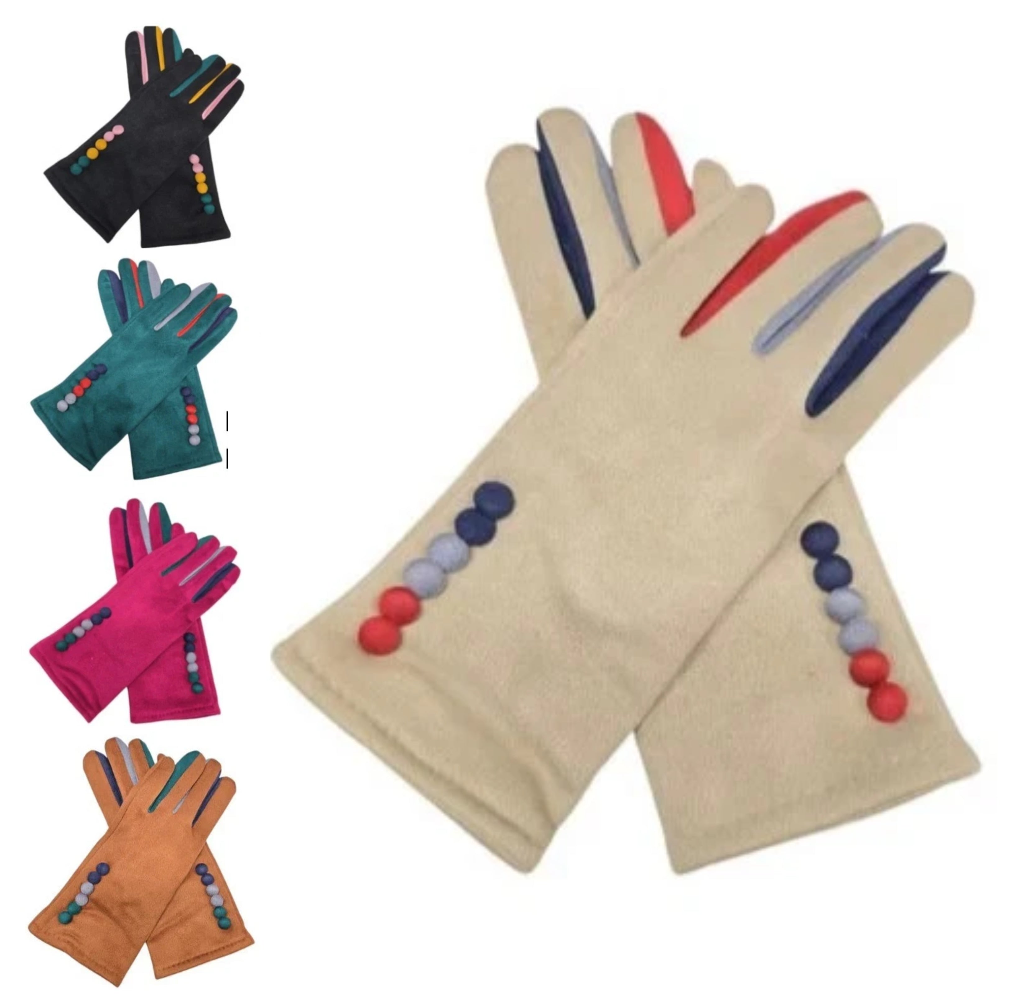 Women Faux Suede Gloves Winter Warm Fleece Soft Lined Multi Colour Button Gloves