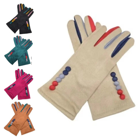 Women Faux Suede Gloves Winter Warm Fleece Soft Lined Multi Colour Button Gloves