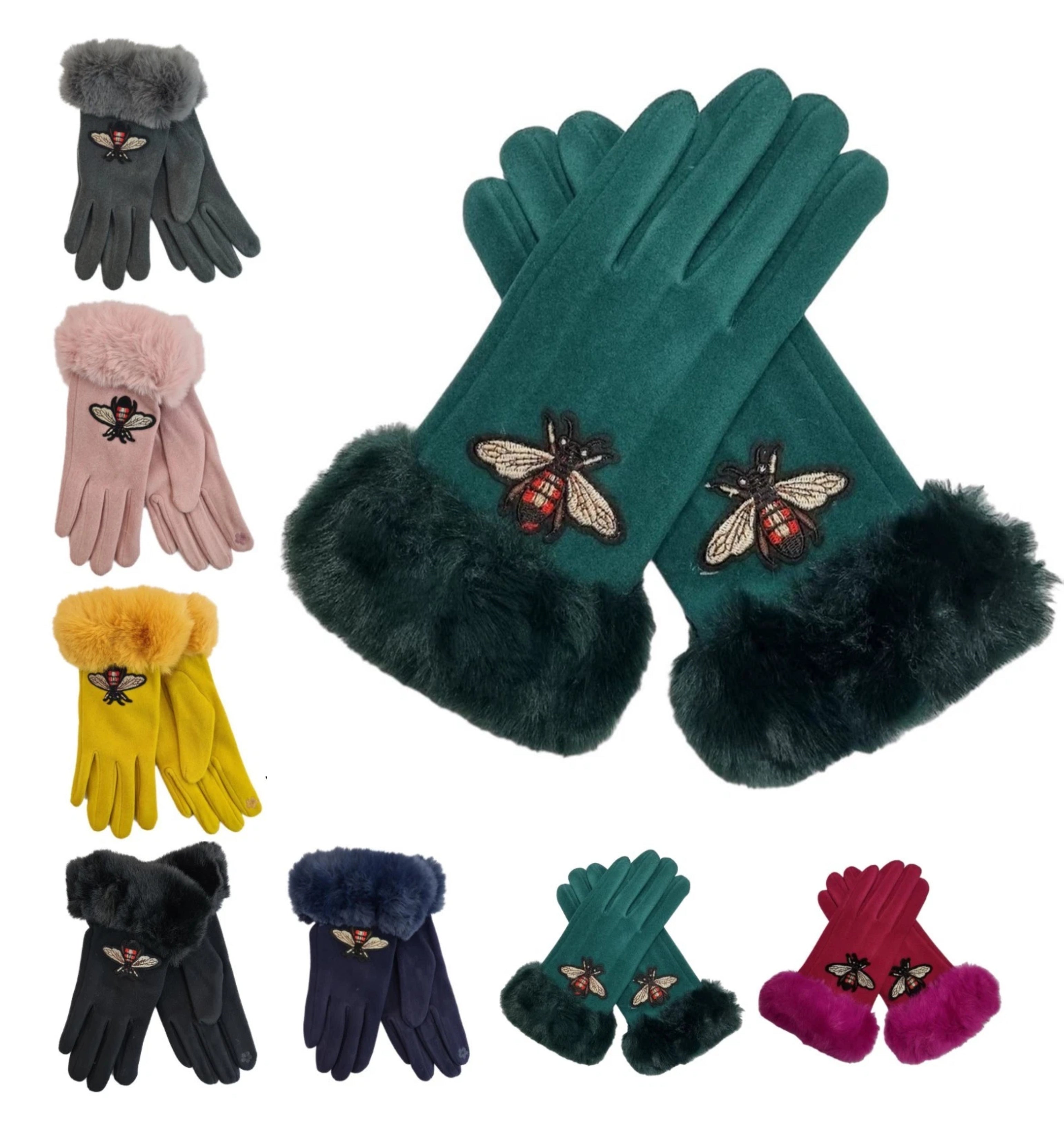 Women's Ladies Embroidered Bee Winter Gloves Touch Screen Fleece Warm Soft Fur Lined Thermal