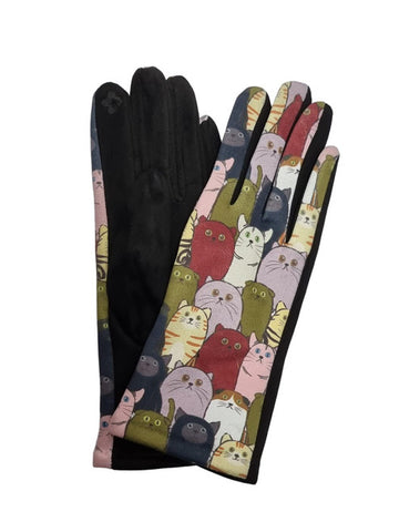 Women Cute Cat Pattern Gloves Cosy Ladies Touch Screen Winter Warm Fleece Suede Gloves