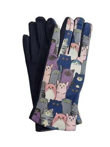 Women Cute Cat Pattern Gloves Cosy Ladies Touch Screen Winter Warm Fleece Suede Gloves