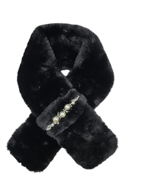 Women's Soft Faux Fur Luxury Pearls Snood Pull through Collar Scarf Winter Scarves Neck Warmer Stole Wrap