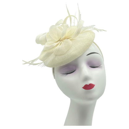 Women Round Base Sinamay Floral Fascinator Headband and Clip with Curled Straps