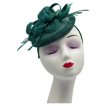 Women Round Base Sinamay Floral Fascinator Headband and Clip with Curled Straps