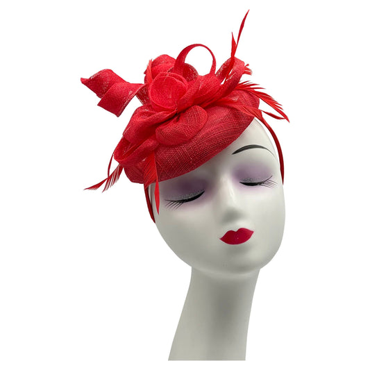 Women Round Base Sinamay Floral Fascinator Headband and Clip with Curled Straps