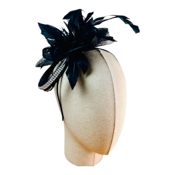 Small Flower Feather Hair Hat Fascinator Headband & Clip Diamante Looped Wedding Royal Ascot Race