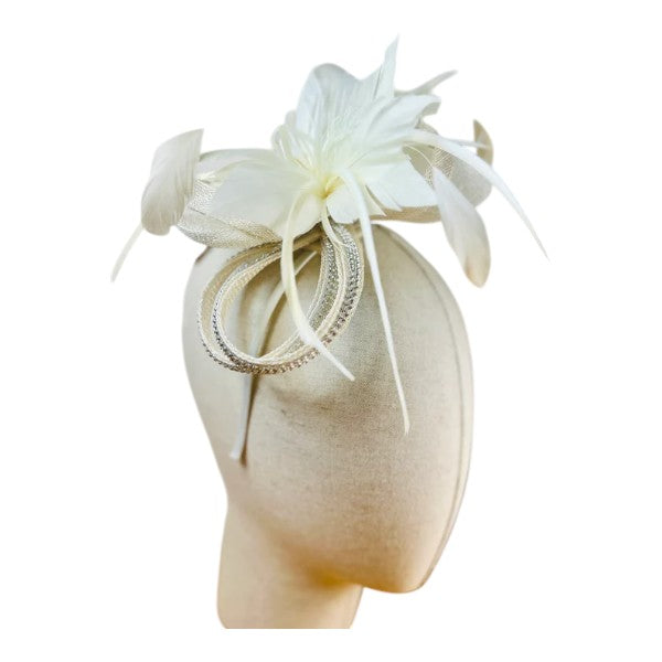 Small Flower Feather Hair Hat Fascinator Headband & Clip Diamante Looped Wedding Royal Ascot Race