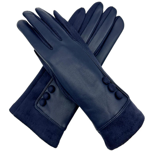 Womens Winter Warm Gloves Contrast Textured Fleece Lined Cosy Buttons Pattern Touch Screen Gloves