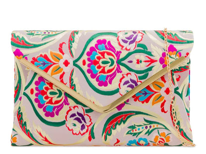 Women's Satin Clutch Bag 3D Floral Embroidered Envelope Metal Trim Evening Bag