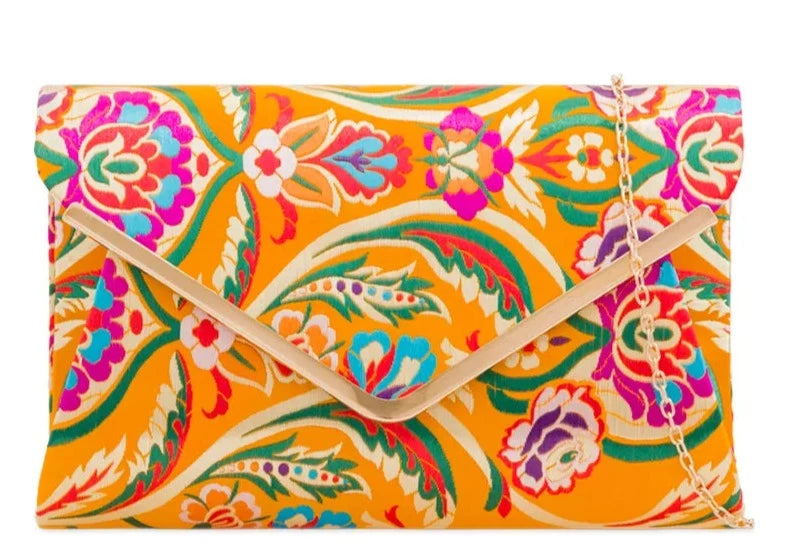 Women's Satin Clutch Bag 3D Floral Embroidered Envelope Metal Trim Evening Bag