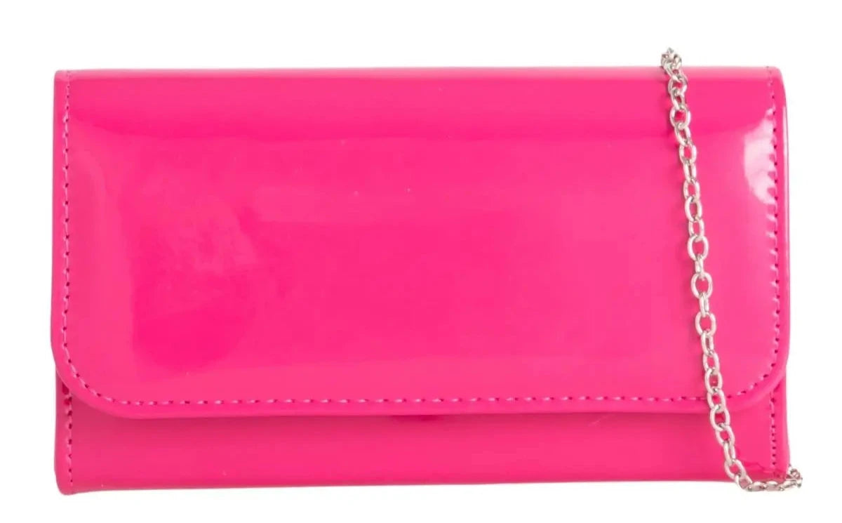 Women Plain Patent Clutch Handbag chain Evening Party Fashion Shoulder Bag prom fuchsia