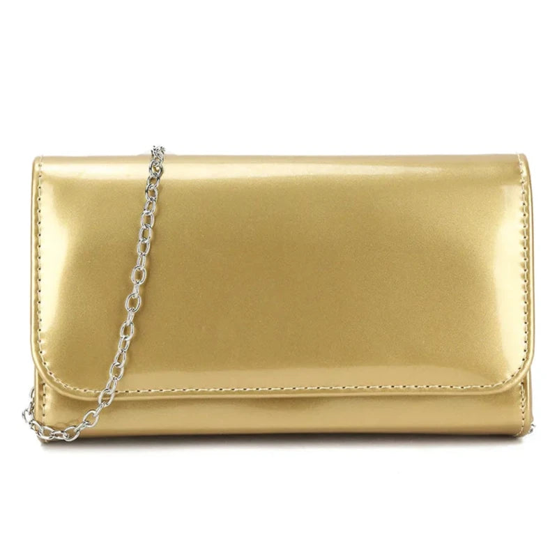 Women Plain Patent Clutch Handbag chain Evening Party Fashion Shoulder Bag prom gold