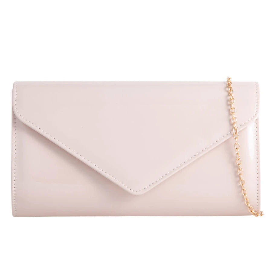 Women Plain Patent Envelope Clutch Bag party wedding cream nude