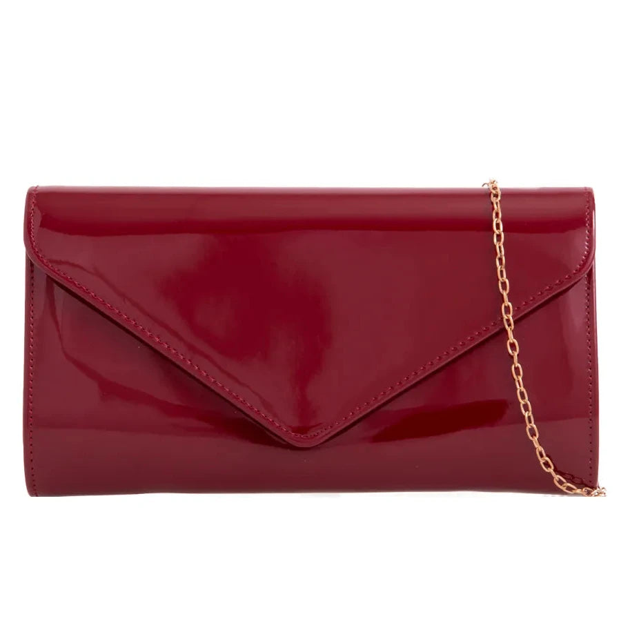 Women Plain Patent Envelope Clutch Bag party wedding BURGUNDY