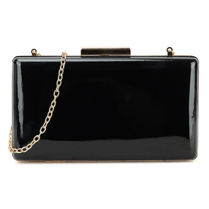 Womens Plain Patent Clutch Bag Shoulder Hard Case Wedding Bridal Evening Handbag BLACK