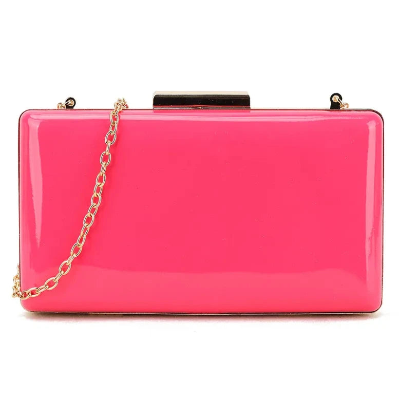 Womens Plain Patent Clutch Bag Shoulder Hard Case Wedding Bridal Evening Handbag FUCHSIA 