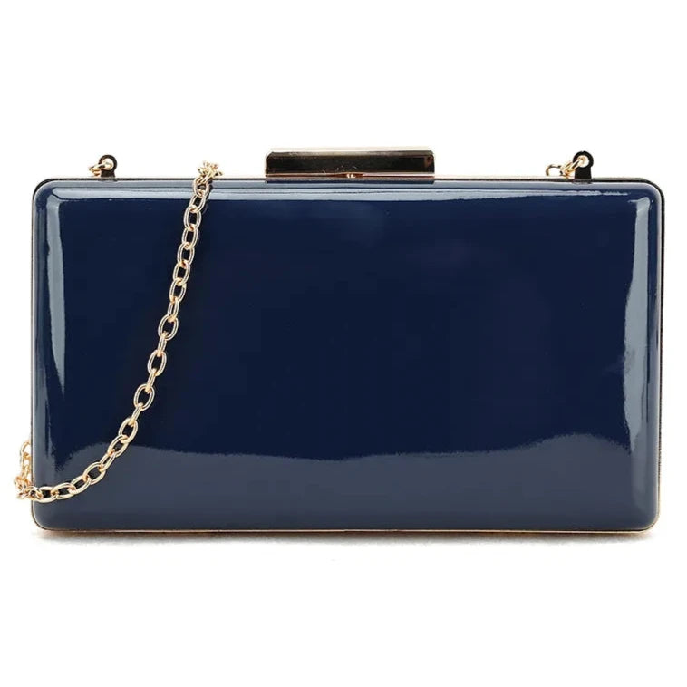 Womens Plain Patent Clutch Bag Shoulder Hard Case Wedding Bridal Evening Handbag NAVY