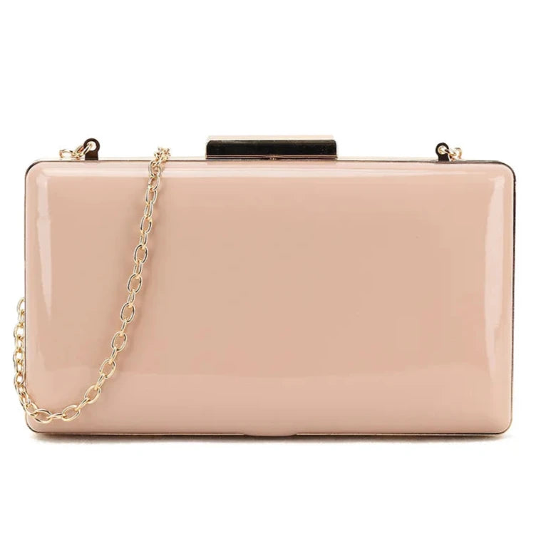 Womens Plain Patent Clutch Bag Shoulder Hard Case Wedding Bridal Evening Handbag NUDE